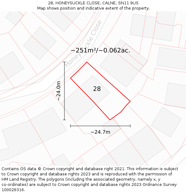 28, HONEYSUCKLE CLOSE, CALNE, SN11 9US: Plot and title map