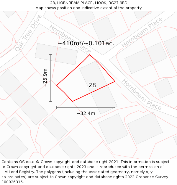 28, HORNBEAM PLACE, HOOK, RG27 9RD: Plot and title map