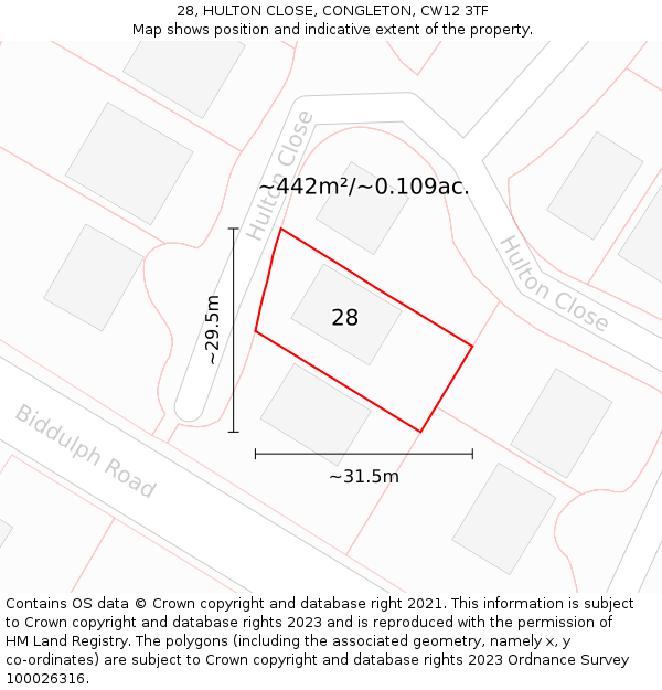 28, HULTON CLOSE, CONGLETON, CW12 3TF: Plot and title map