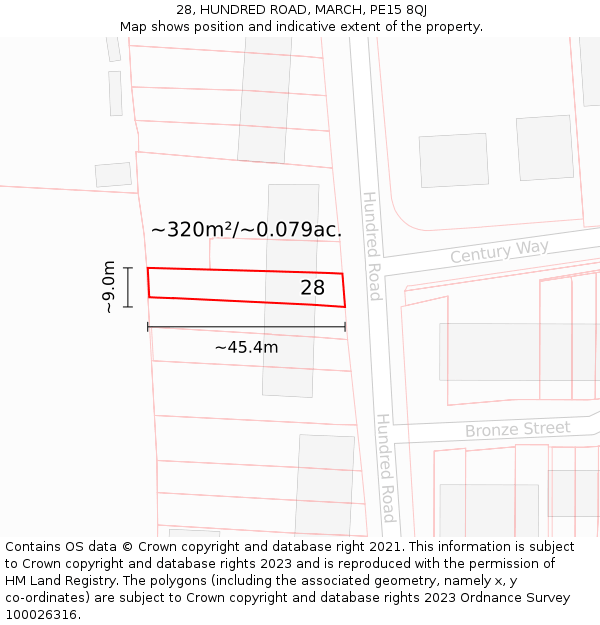 28, HUNDRED ROAD, MARCH, PE15 8QJ: Plot and title map