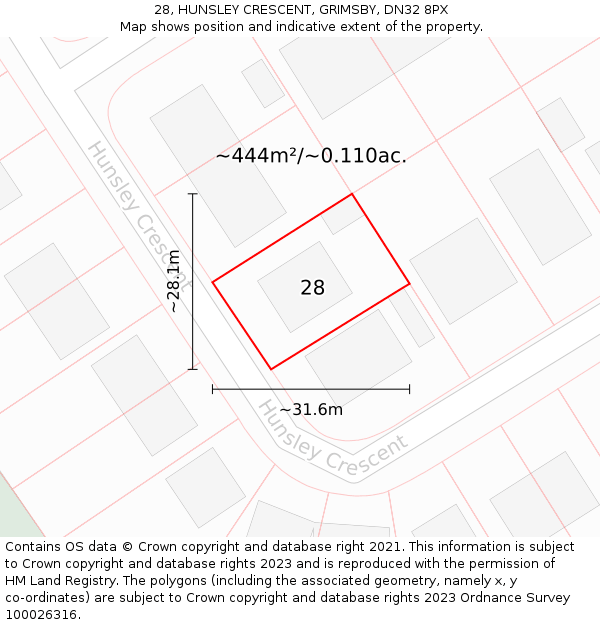 28, HUNSLEY CRESCENT, GRIMSBY, DN32 8PX: Plot and title map