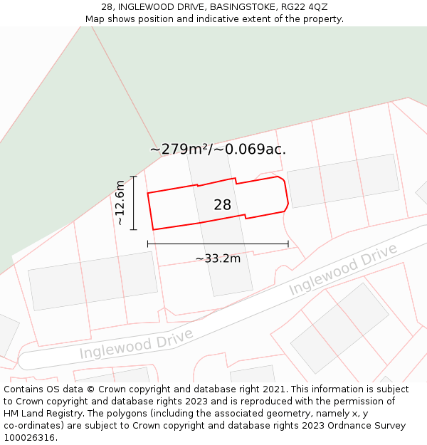 28, INGLEWOOD DRIVE, BASINGSTOKE, RG22 4QZ: Plot and title map