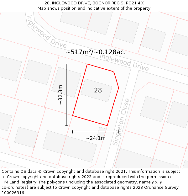 28, INGLEWOOD DRIVE, BOGNOR REGIS, PO21 4JX: Plot and title map