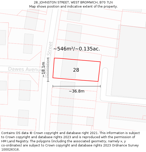 28, JOHNSTON STREET, WEST BROMWICH, B70 7LN: Plot and title map