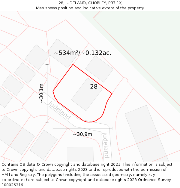 28, JUDELAND, CHORLEY, PR7 1XJ: Plot and title map