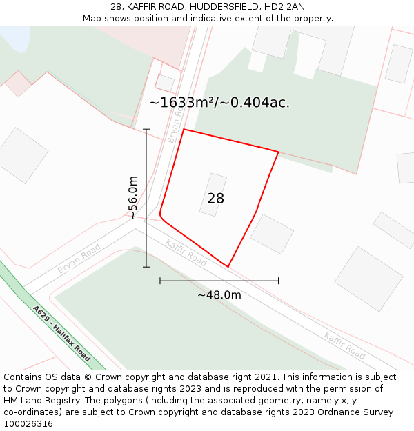 28, KAFFIR ROAD, HUDDERSFIELD, HD2 2AN: Plot and title map