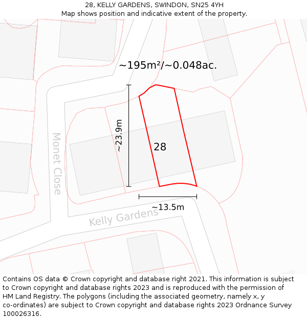 28, KELLY GARDENS, SWINDON, SN25 4YH: Plot and title map