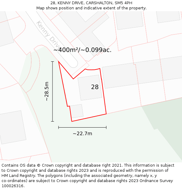 28, KENNY DRIVE, CARSHALTON, SM5 4PH: Plot and title map