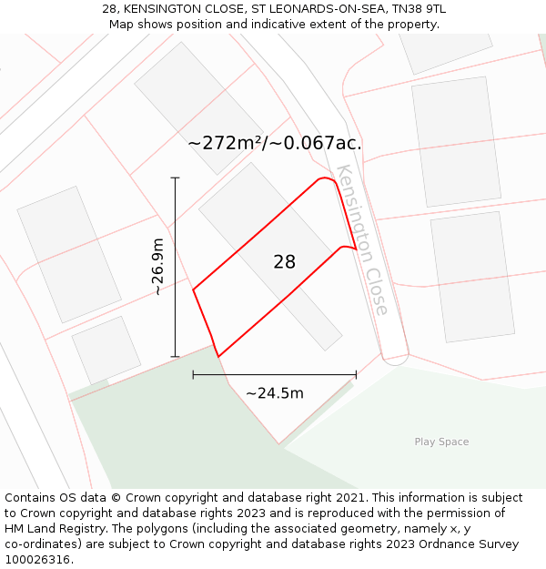 28, KENSINGTON CLOSE, ST LEONARDS-ON-SEA, TN38 9TL: Plot and title map