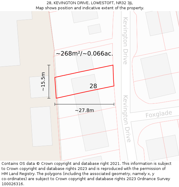 28, KEVINGTON DRIVE, LOWESTOFT, NR32 3JL: Plot and title map