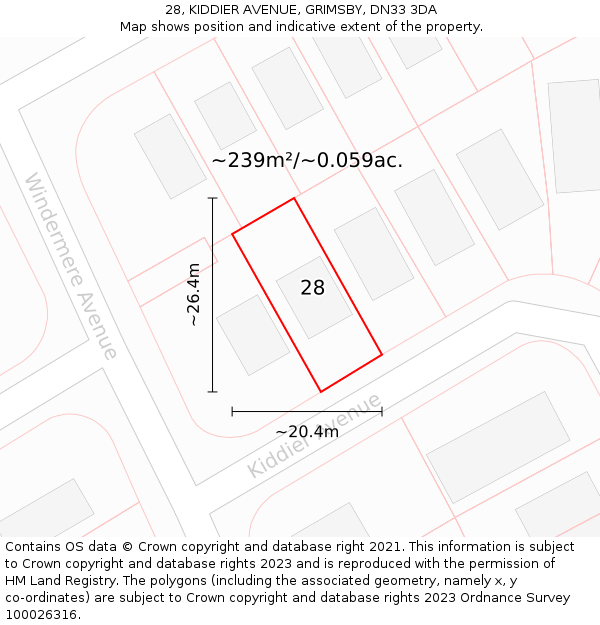 28, KIDDIER AVENUE, GRIMSBY, DN33 3DA: Plot and title map