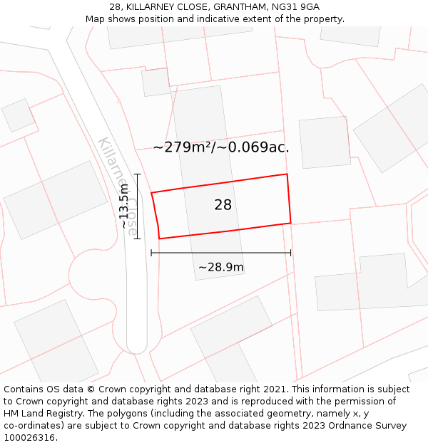 28, KILLARNEY CLOSE, GRANTHAM, NG31 9GA: Plot and title map