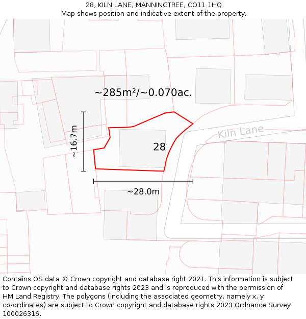 28, KILN LANE, MANNINGTREE, CO11 1HQ: Plot and title map