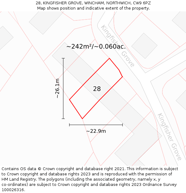 28, KINGFISHER GROVE, WINCHAM, NORTHWICH, CW9 6PZ: Plot and title map