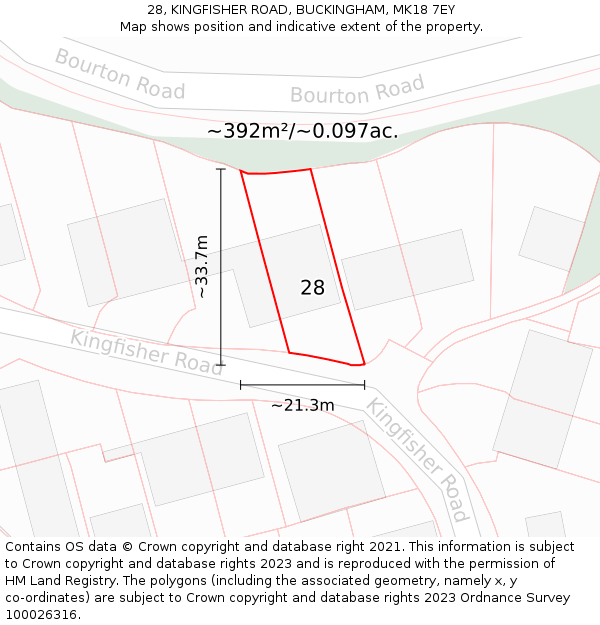 28, KINGFISHER ROAD, BUCKINGHAM, MK18 7EY: Plot and title map