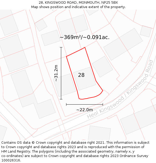 28, KINGSWOOD ROAD, MONMOUTH, NP25 5BX: Plot and title map