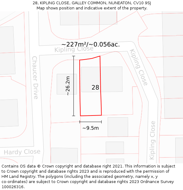 28, KIPLING CLOSE, GALLEY COMMON, NUNEATON, CV10 9SJ: Plot and title map