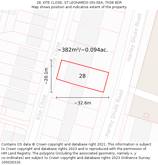 28, KITE CLOSE, ST LEONARDS-ON-SEA, TN38 8DR: Plot and title map