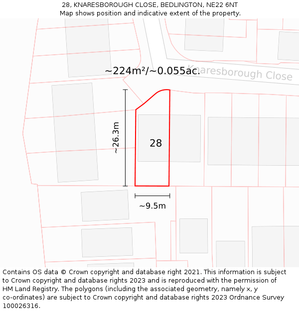 28, KNARESBOROUGH CLOSE, BEDLINGTON, NE22 6NT: Plot and title map