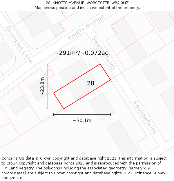 28, KNOTTS AVENUE, WORCESTER, WR4 0HZ: Plot and title map