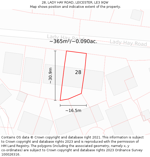 28, LADY HAY ROAD, LEICESTER, LE3 9QW: Plot and title map