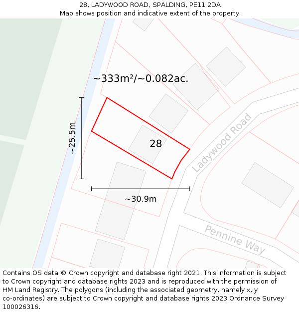 28, LADYWOOD ROAD, SPALDING, PE11 2DA: Plot and title map