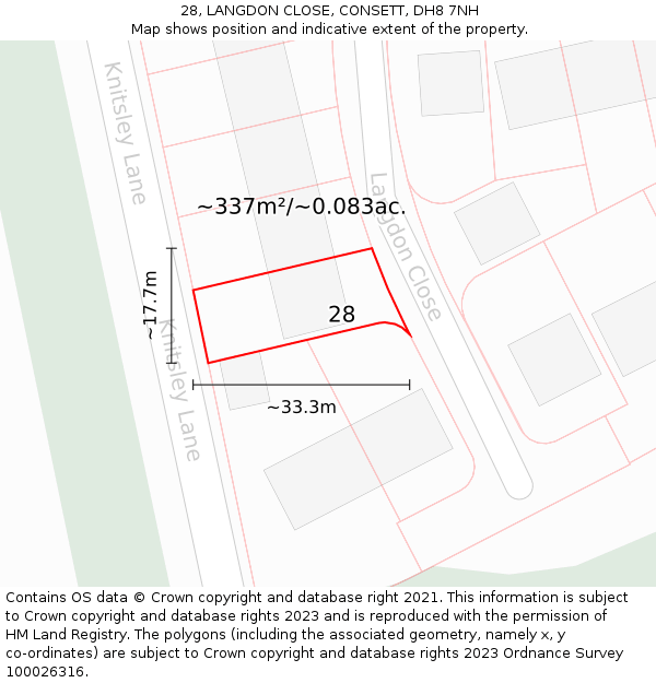 28, LANGDON CLOSE, CONSETT, DH8 7NH: Plot and title map