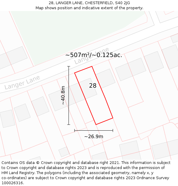 28, LANGER LANE, CHESTERFIELD, S40 2JG: Plot and title map