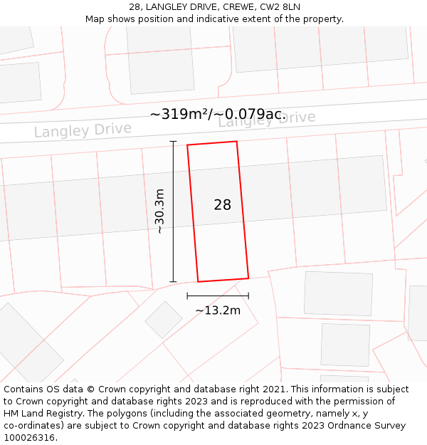 28, LANGLEY DRIVE, CREWE, CW2 8LN: Plot and title map