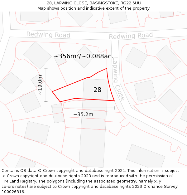 28, LAPWING CLOSE, BASINGSTOKE, RG22 5UU: Plot and title map