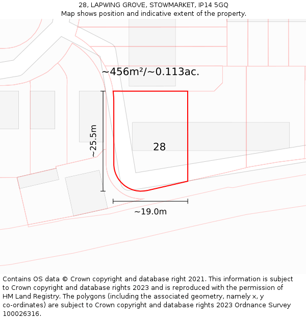 28, LAPWING GROVE, STOWMARKET, IP14 5GQ: Plot and title map