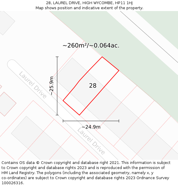28, LAUREL DRIVE, HIGH WYCOMBE, HP11 1HJ: Plot and title map