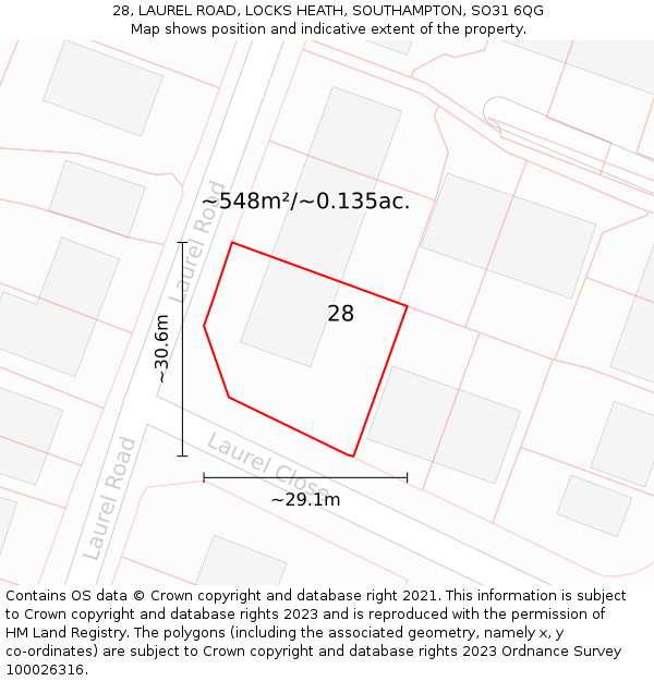 28, LAUREL ROAD, LOCKS HEATH, SOUTHAMPTON, SO31 6QG: Plot and title map