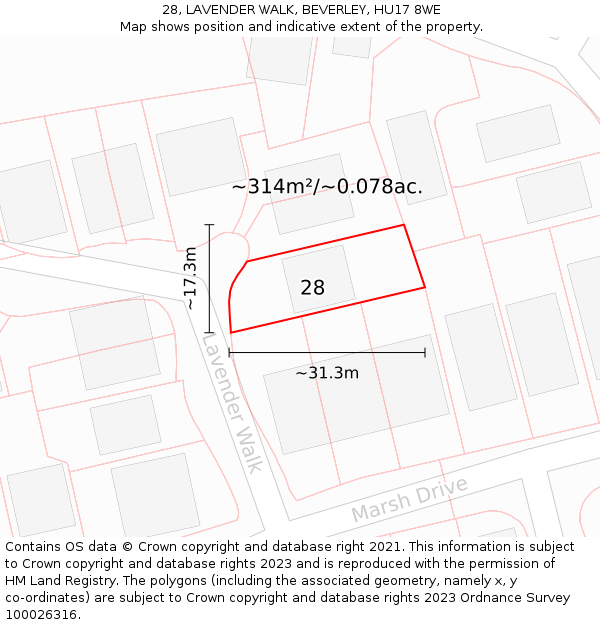 28, LAVENDER WALK, BEVERLEY, HU17 8WE: Plot and title map