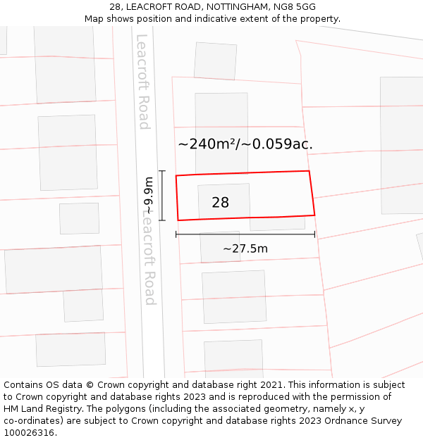 28, LEACROFT ROAD, NOTTINGHAM, NG8 5GG: Plot and title map