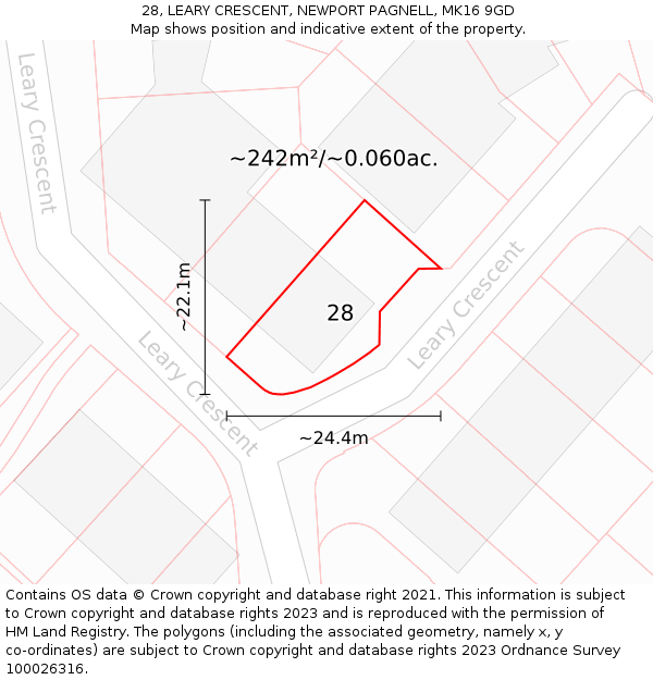 28, LEARY CRESCENT, NEWPORT PAGNELL, MK16 9GD: Plot and title map