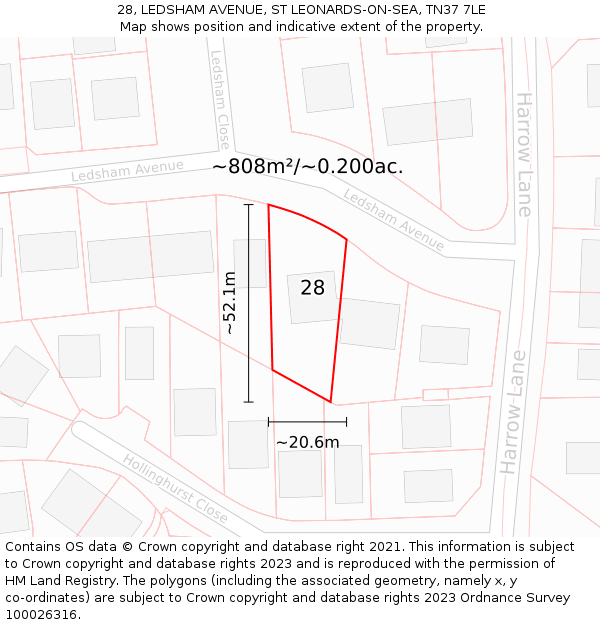 28, LEDSHAM AVENUE, ST LEONARDS-ON-SEA, TN37 7LE: Plot and title map