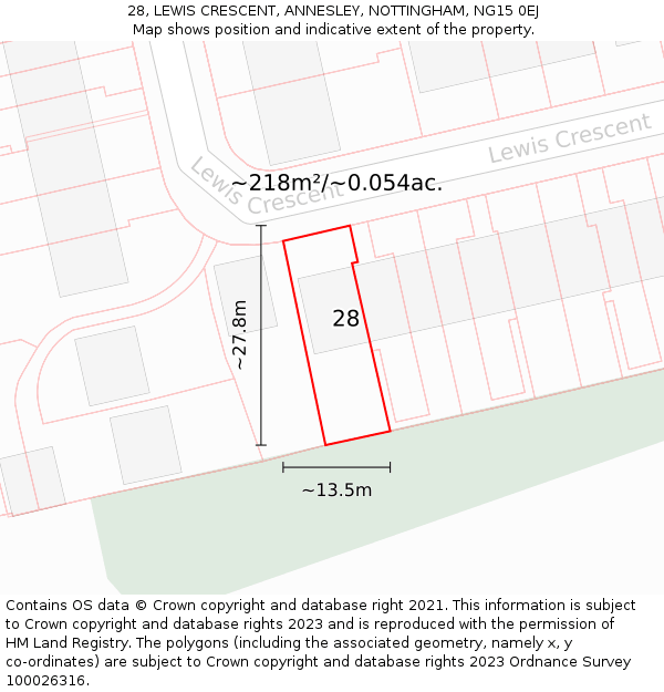 28, LEWIS CRESCENT, ANNESLEY, NOTTINGHAM, NG15 0EJ: Plot and title map