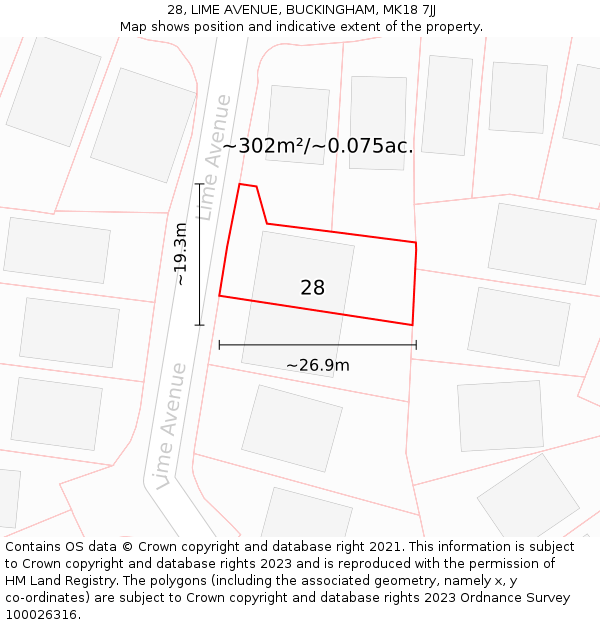 28, LIME AVENUE, BUCKINGHAM, MK18 7JJ: Plot and title map