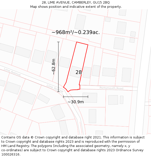 28, LIME AVENUE, CAMBERLEY, GU15 2BQ: Plot and title map