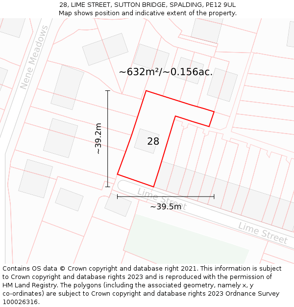 28, LIME STREET, SUTTON BRIDGE, SPALDING, PE12 9UL: Plot and title map