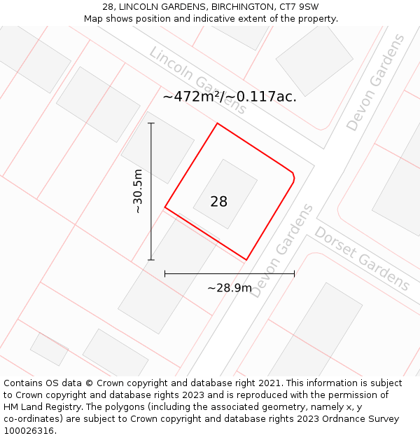 28, LINCOLN GARDENS, BIRCHINGTON, CT7 9SW: Plot and title map