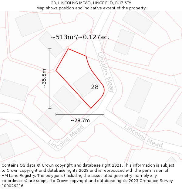 28, LINCOLNS MEAD, LINGFIELD, RH7 6TA: Plot and title map