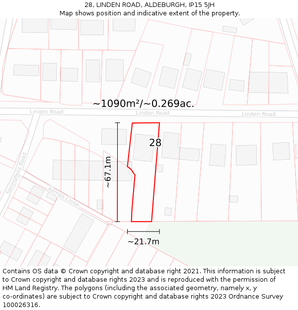 28, LINDEN ROAD, ALDEBURGH, IP15 5JH: Plot and title map
