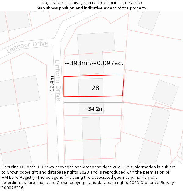 28, LINFORTH DRIVE, SUTTON COLDFIELD, B74 2EQ: Plot and title map