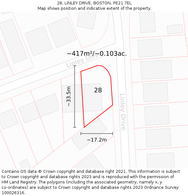 28, LINLEY DRIVE, BOSTON, PE21 7EL: Plot and title map