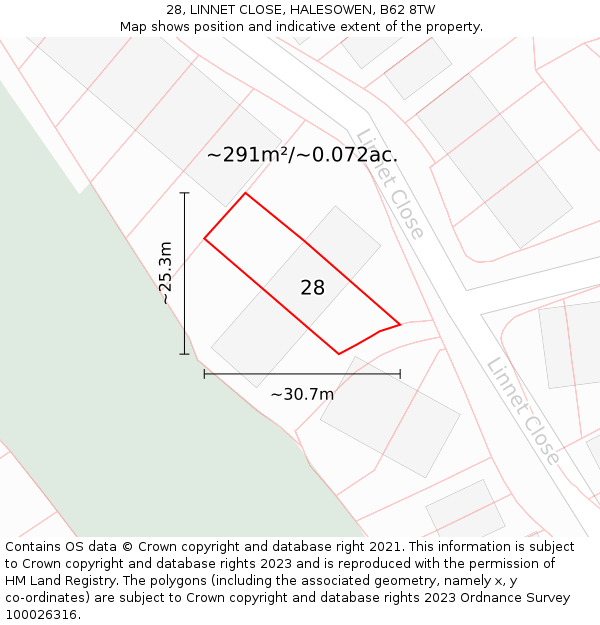 28, LINNET CLOSE, HALESOWEN, B62 8TW: Plot and title map