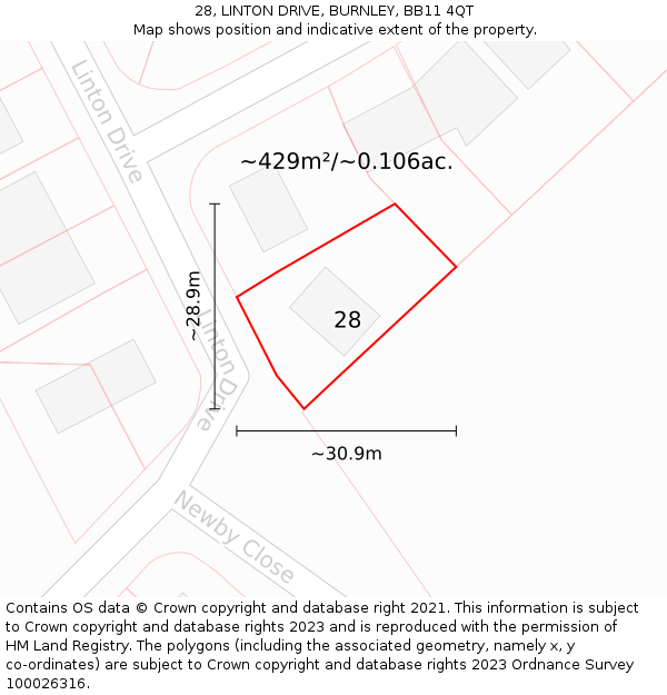 28, LINTON DRIVE, BURNLEY, BB11 4QT: Plot and title map