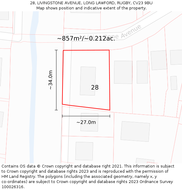 28, LIVINGSTONE AVENUE, LONG LAWFORD, RUGBY, CV23 9BU: Plot and title map