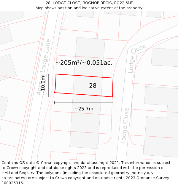 28, LODGE CLOSE, BOGNOR REGIS, PO22 6NF: Plot and title map